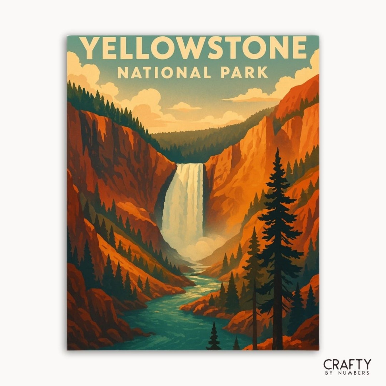 DIY Malen-nach-Zahlen-Set des Yellowstone-Nationalparks mit malerischen Bergen und Flüssen.