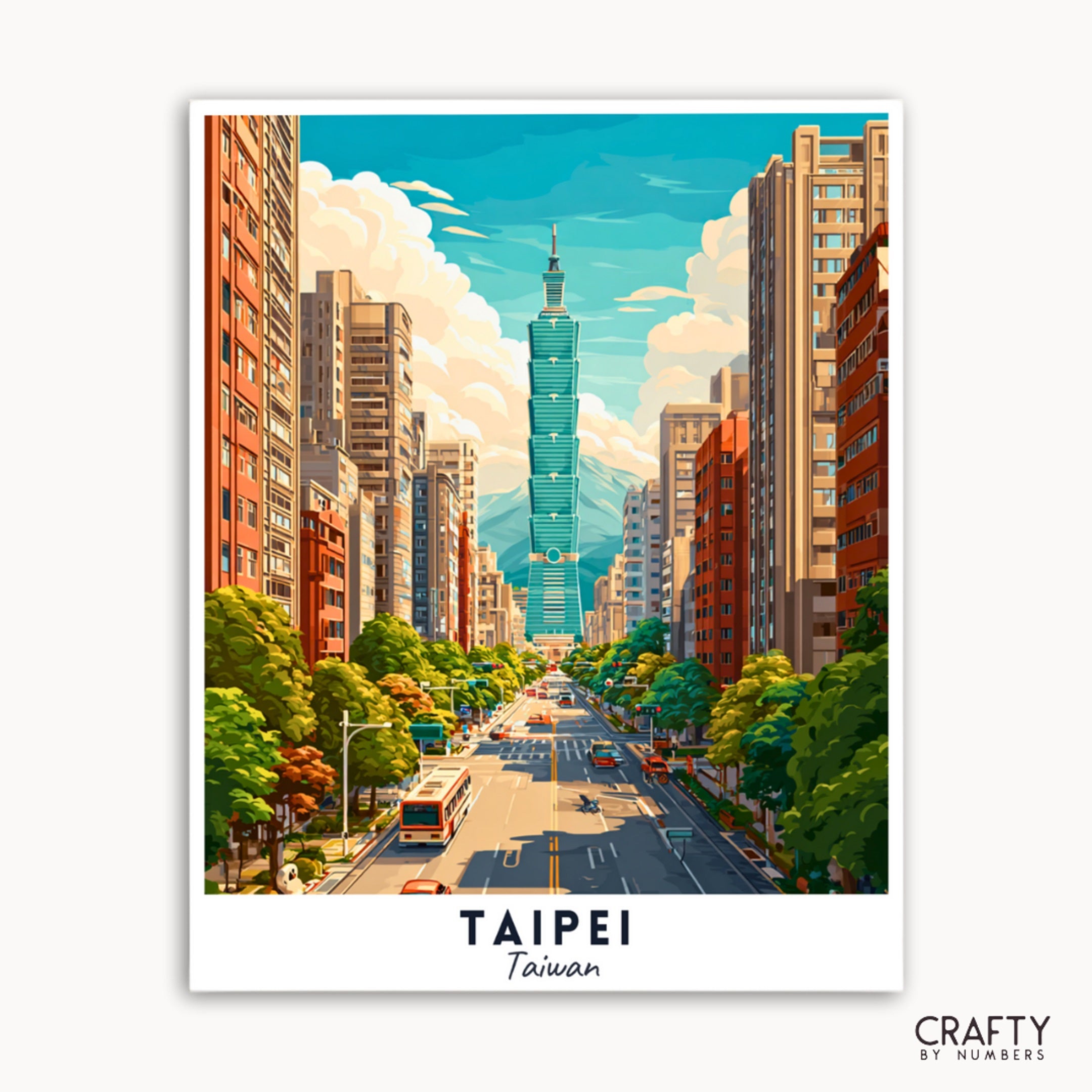 Illustration of Taipei with the Taipei 101 skyscraper in the center.