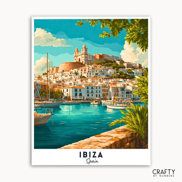 Illustration of a coastal scene with buildings and boats in Ibiza, Spain.