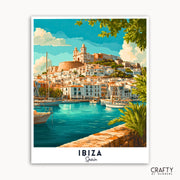 Illustration of a coastal scene with buildings and boats in Ibiza, Spain.