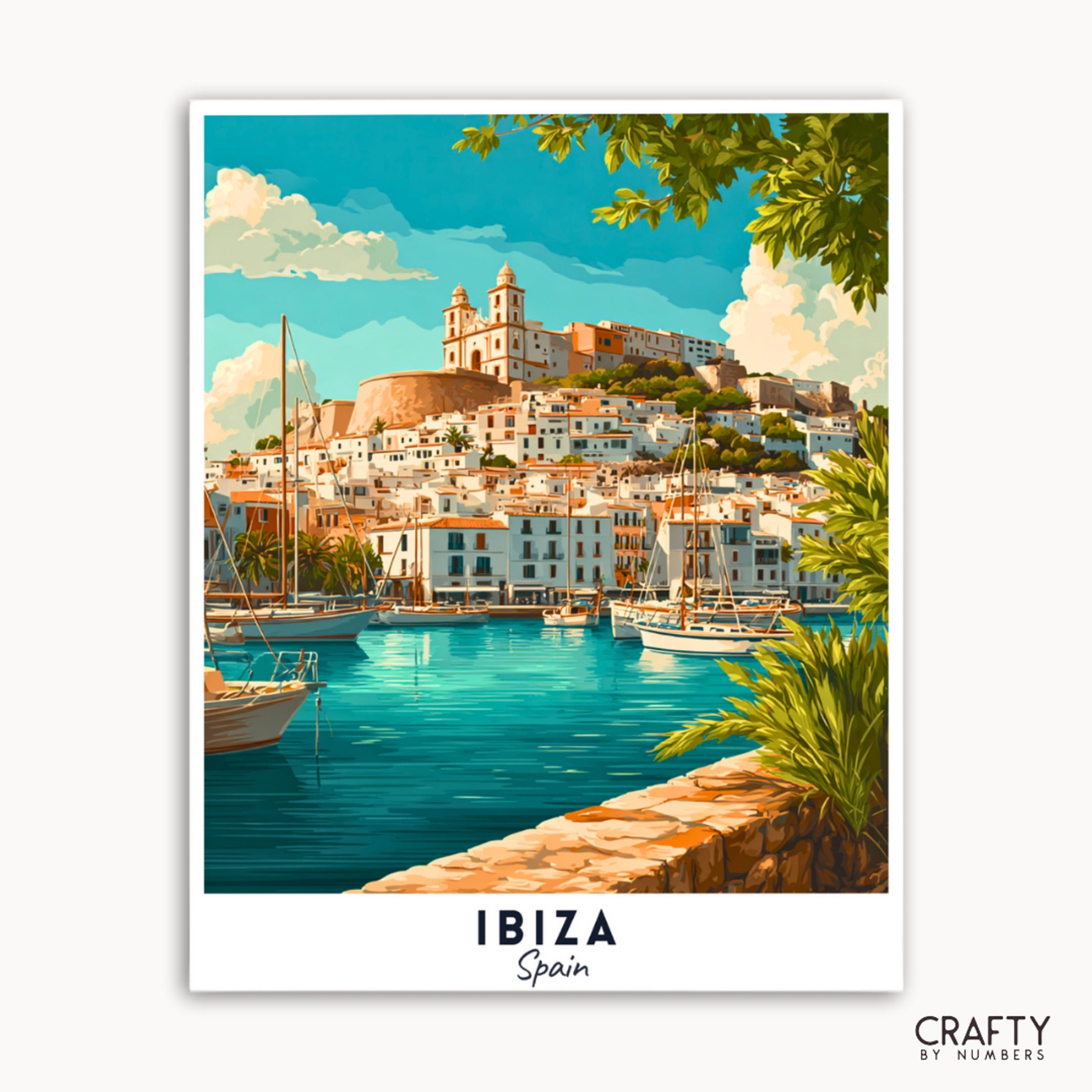 Illustration of a coastal scene with buildings and boats in Ibiza, Spain.