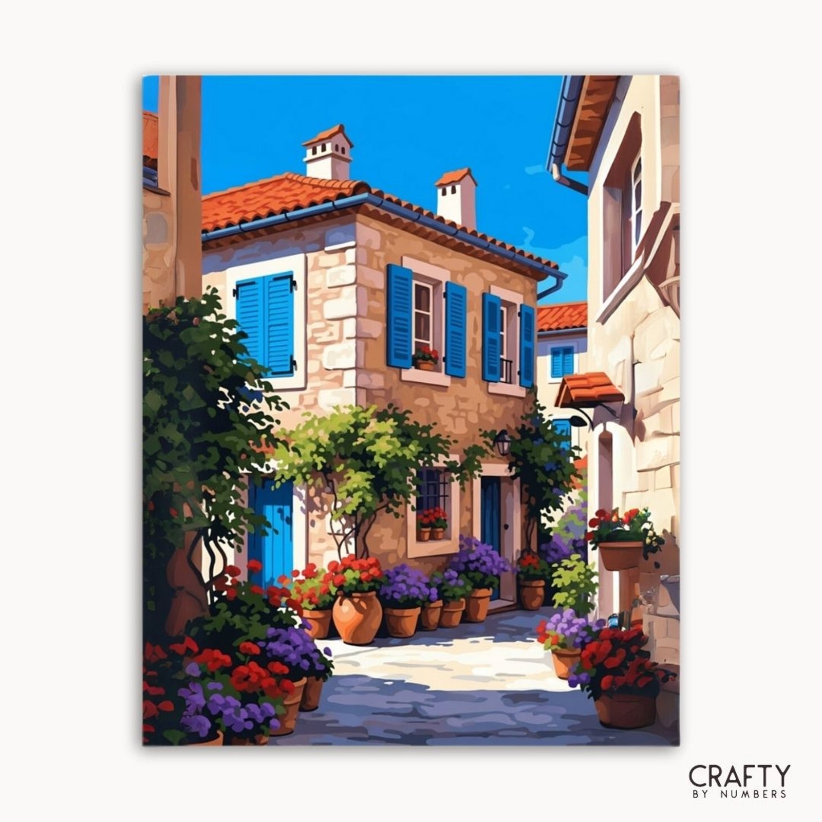 Pintura de una pintoresca escena callejera con flores y edificios, con la marca 'Crafty by Numbers'.