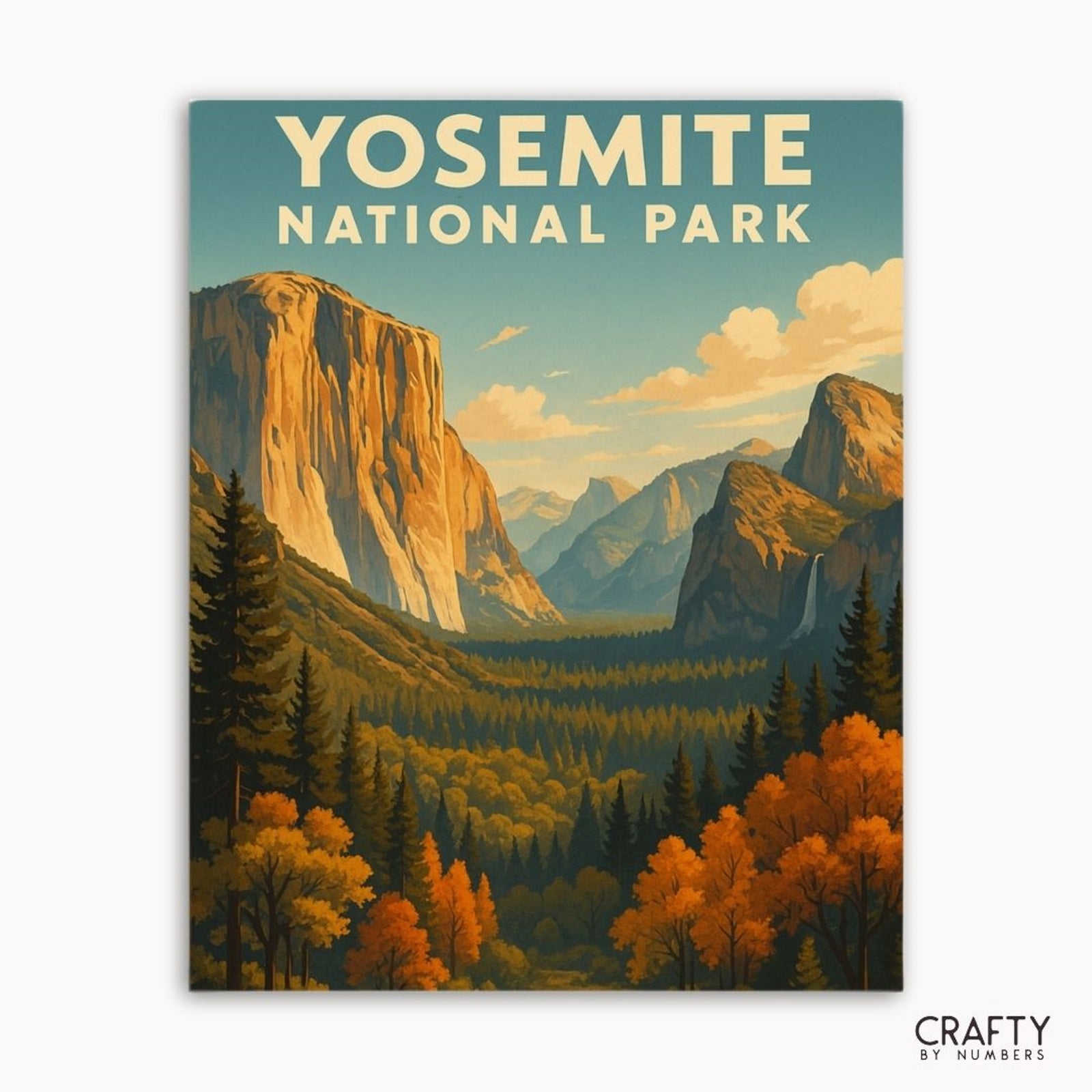 Malen-nach-Zahlen-Set mit Blick auf das Yosemite-Tal mit farbenfroher Naturlandschaft und Bergblick.