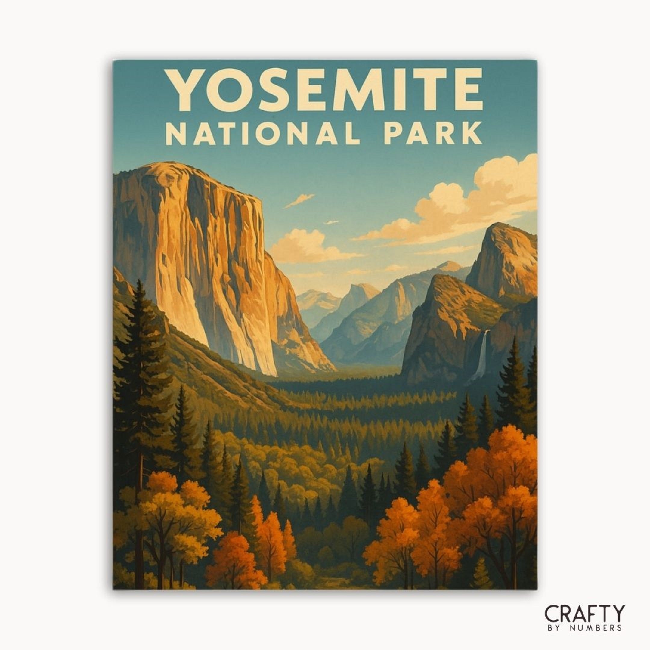 Paint by numbers kit showing Yosemite Valley View with colorful nature scenery and mountain views.