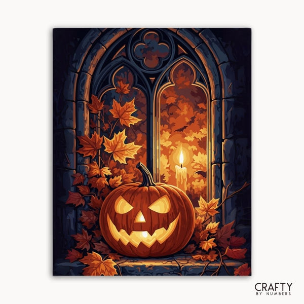 Halloween-themed artwork with a carved pumpkin, candle, and autumn leaves in front of a stone window.