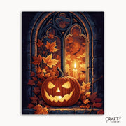 Halloween-themed artwork with a carved pumpkin, candle, and autumn leaves in front of a stone window.