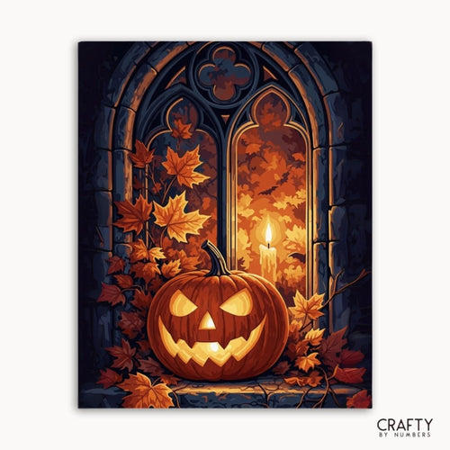 Halloween-themed artwork with a carved pumpkin, candle, and autumn leaves in front of a stone window.