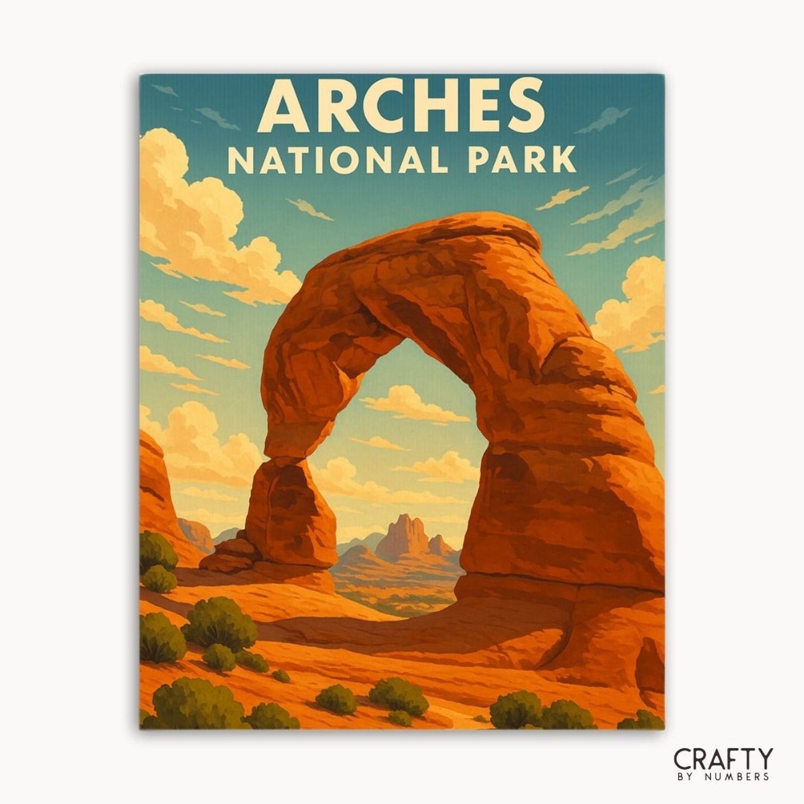 Kit de pintura por números del Parque Nacional Arches para crear una obra de arte detallada de un paisaje desértico.