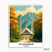 Illustration of a building in Islamabad, Pakistan with mountains and trees in the background.
