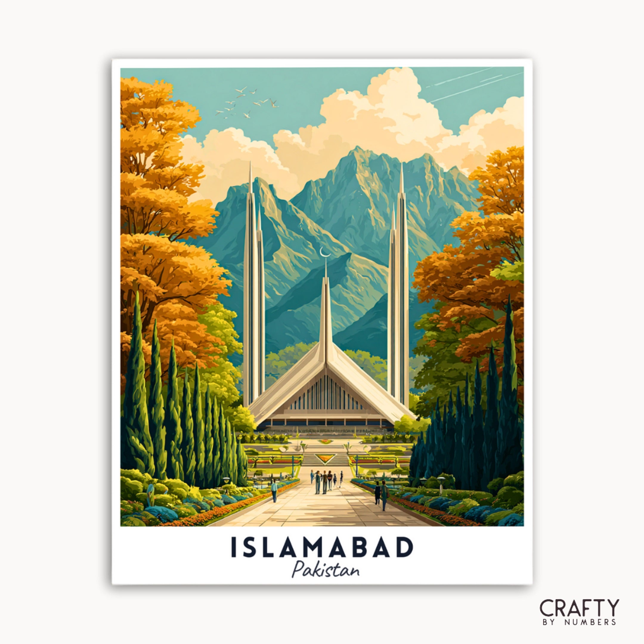 Illustration of a building in Islamabad, Pakistan with mountains and trees in the background.
