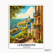 Illustration of Luxembourg with a scenic view of buildings and a river.