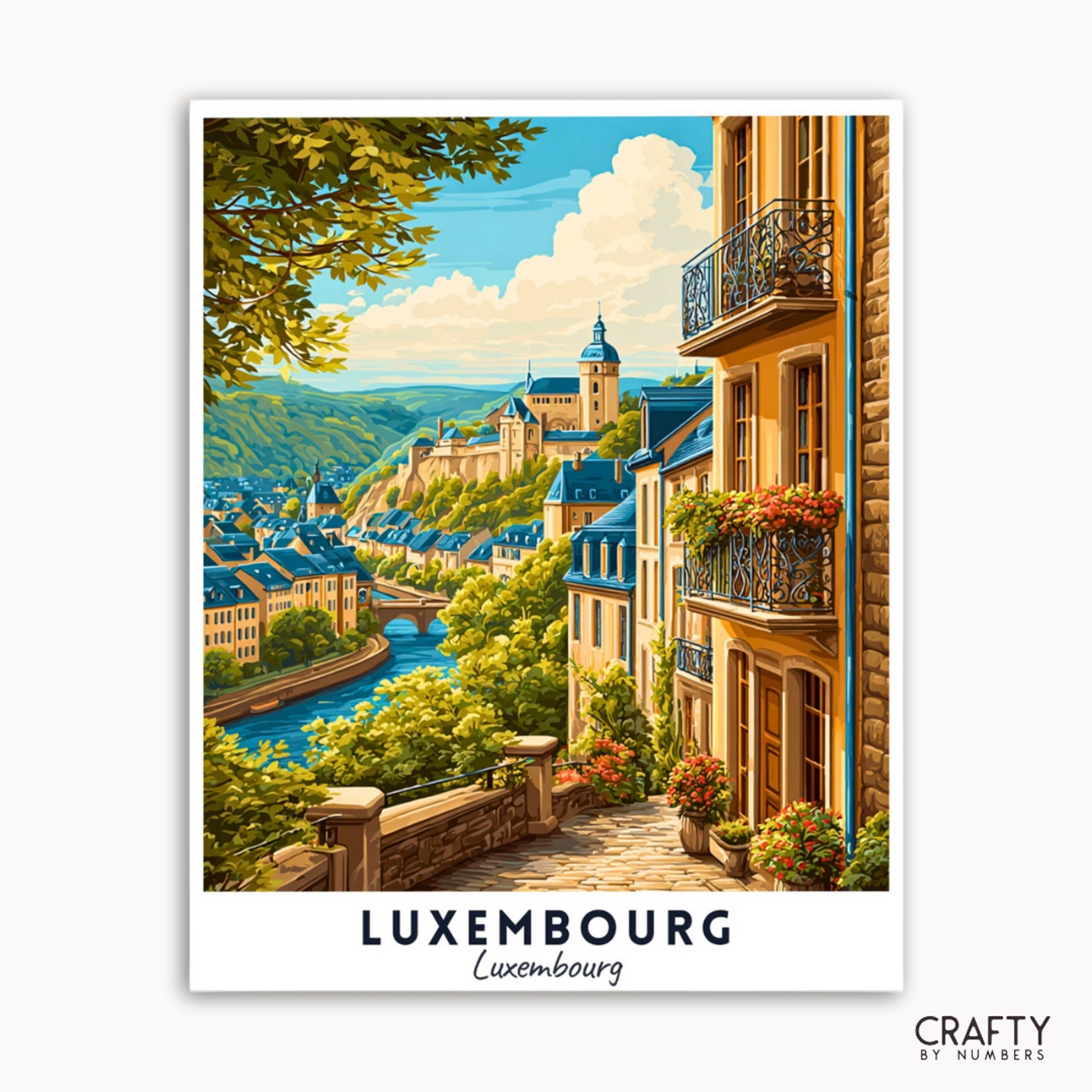 Illustration of Luxembourg with a scenic view of buildings and a river.