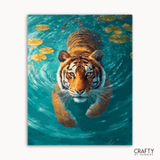 Painting of a tiger swimming in water with lily pads, brand 'Crafty by Numbers' visible.