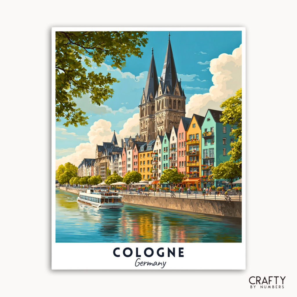 Illustration of Cologne, Germany with colorful buildings and a river.