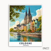 Illustration of Cologne, Germany with colorful buildings and a river.