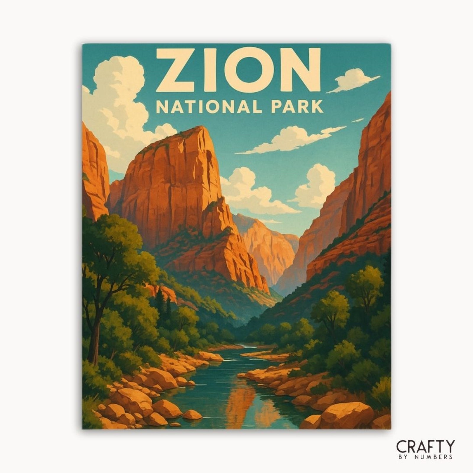 Peinture murale DIY par numéros des canyons de Zion dans l'Utah avec des formations rocheuses rouges et des vues panoramiques.