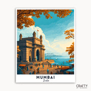 Illustration of the Gateway of India in Mumbai, India, with people around and trees with autumn foliage.