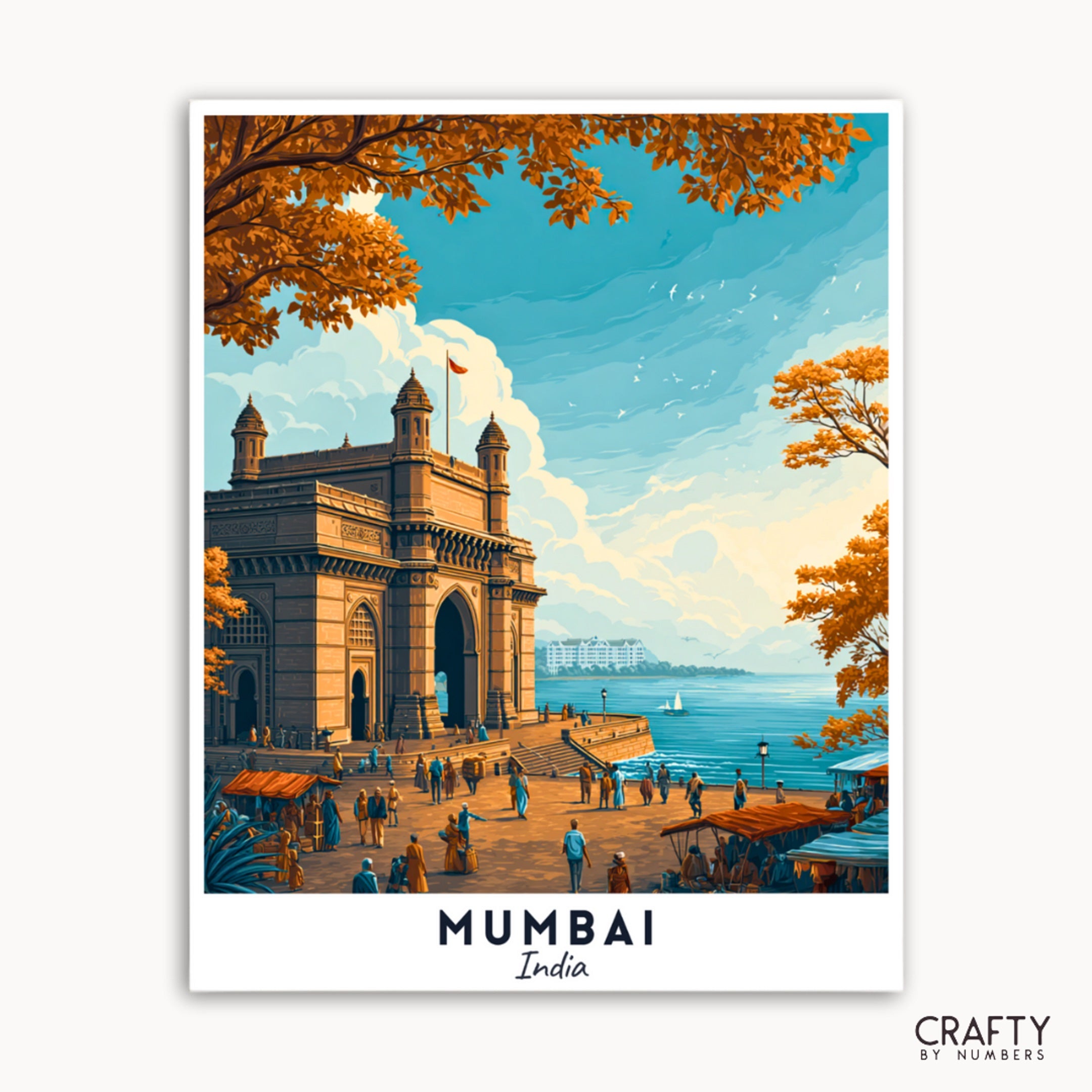 Illustration of the Gateway of India in Mumbai, India, with people around and trees with autumn foliage.