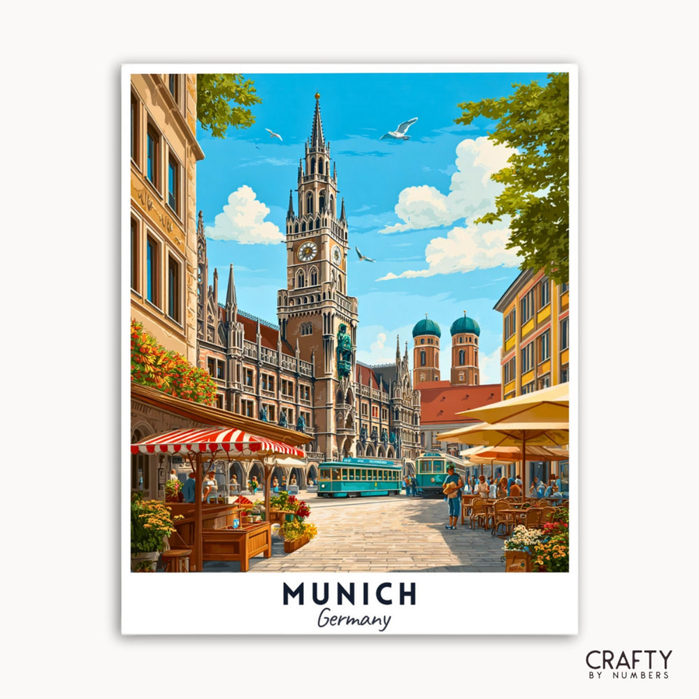 Illustration of a street scene in Munich, Germany with a prominent clock tower.