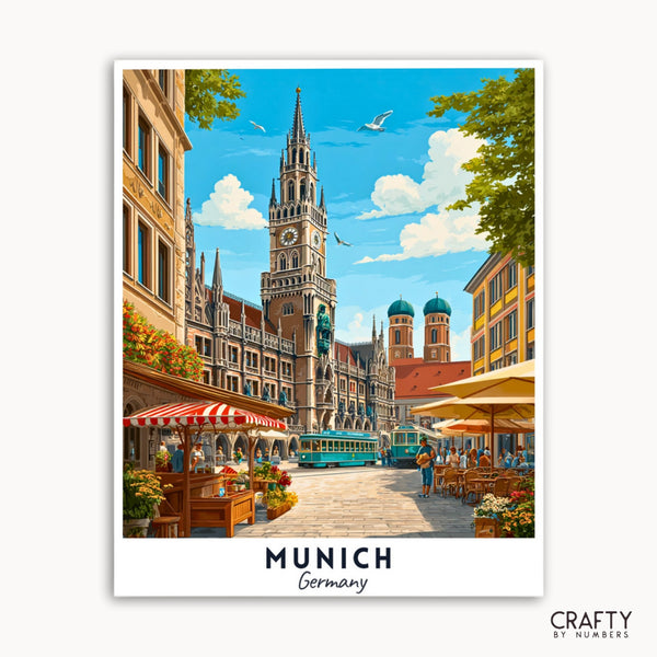 Illustration of a street scene in Munich, Germany with a prominent clock tower.