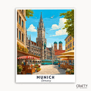 Illustration of a street scene in Munich, Germany with a prominent clock tower.