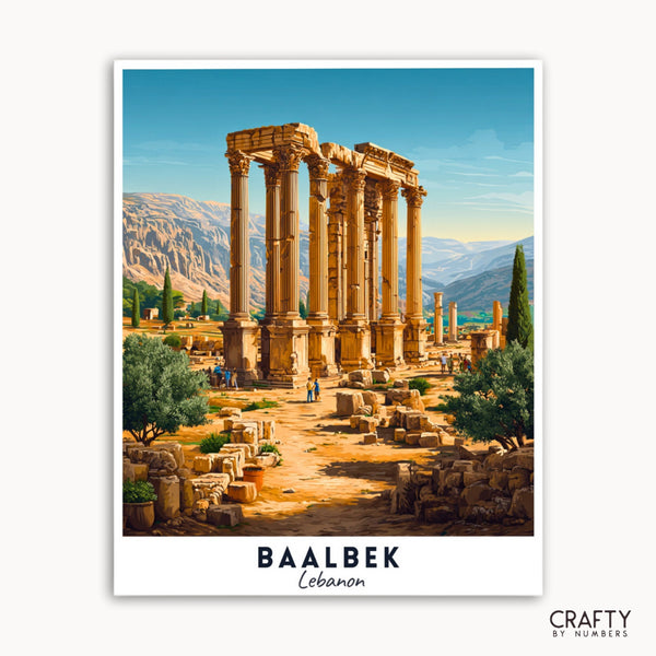 Vintage-style travel poster of Baalbek ruins with mountains in the background