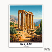 Vintage-style travel poster of Baalbek ruins with mountains in the background