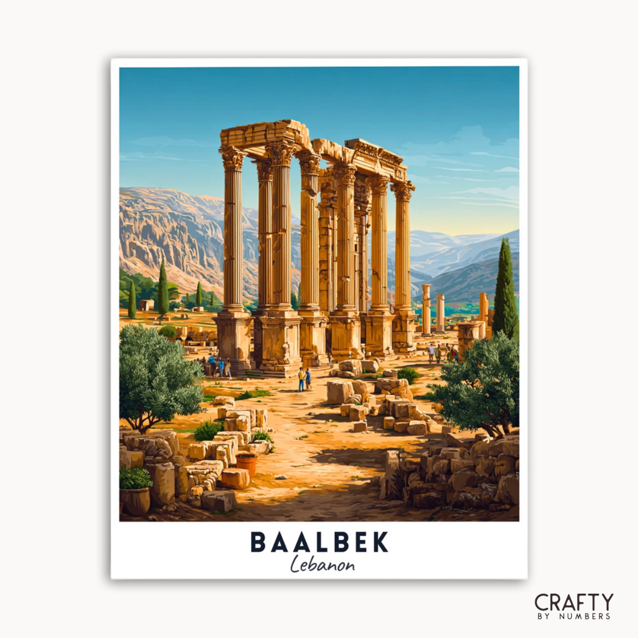 Vintage-style travel poster of Baalbek ruins with mountains in the background