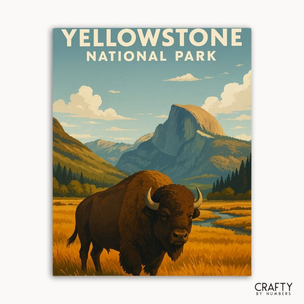 DIY paint by numbers kit of Yellowstone National Park bison, perfect for wildlife and scenic landscape art..