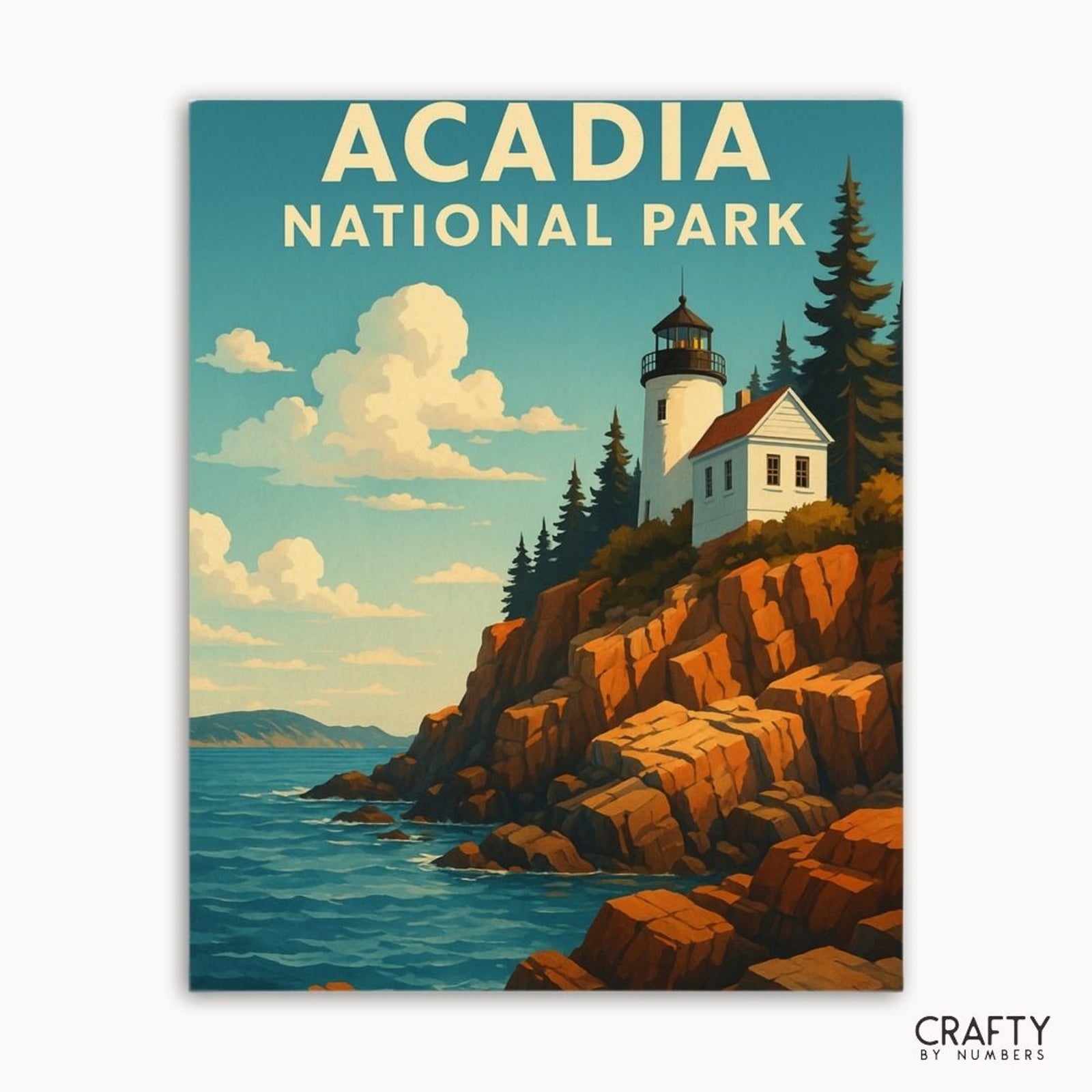 Acadia National Park poster with lighthouse on rocky cliffs and ocean.
