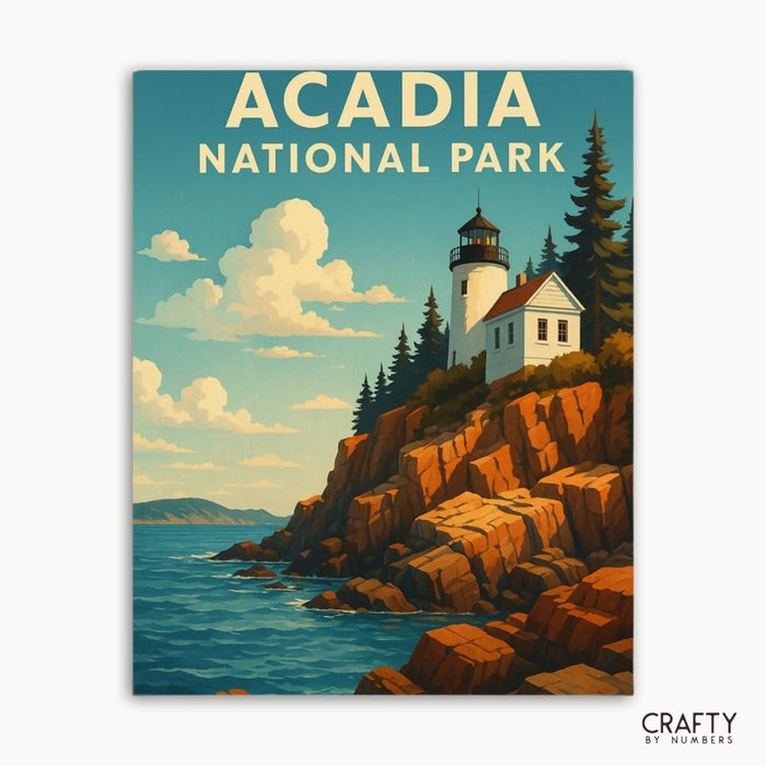 Acadia National Park poster with lighthouse on rocky cliffs and ocean.