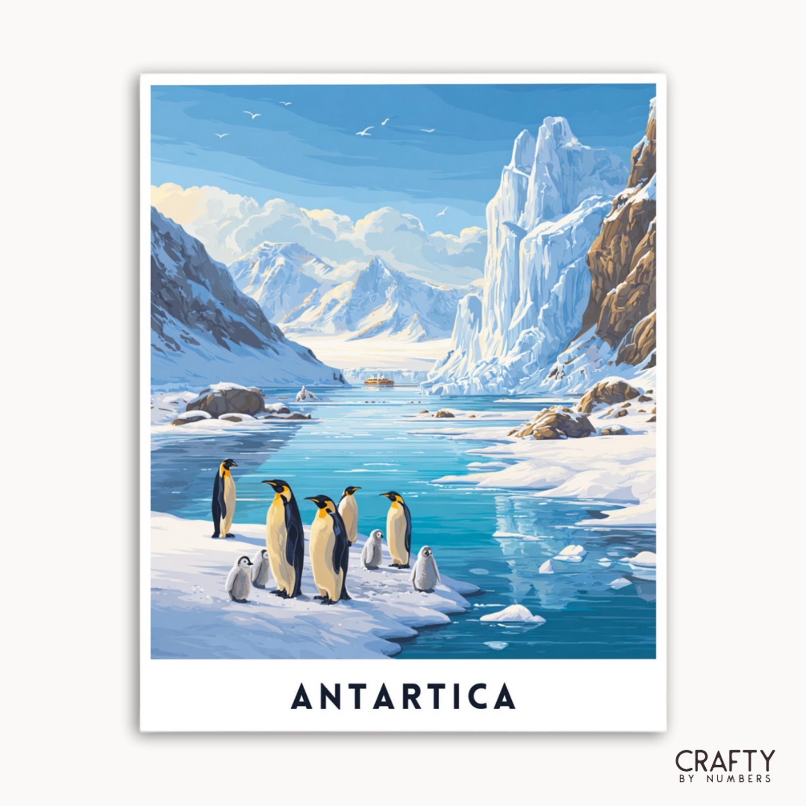 Illustration von Pinguinen auf Eis mit antarktischer Landschaft, mit der Marke „Crafty by Numbers“.