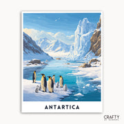 Illustration of penguins on ice with Antarctic landscape, featuring the brand 'Crafty by Numbers'.