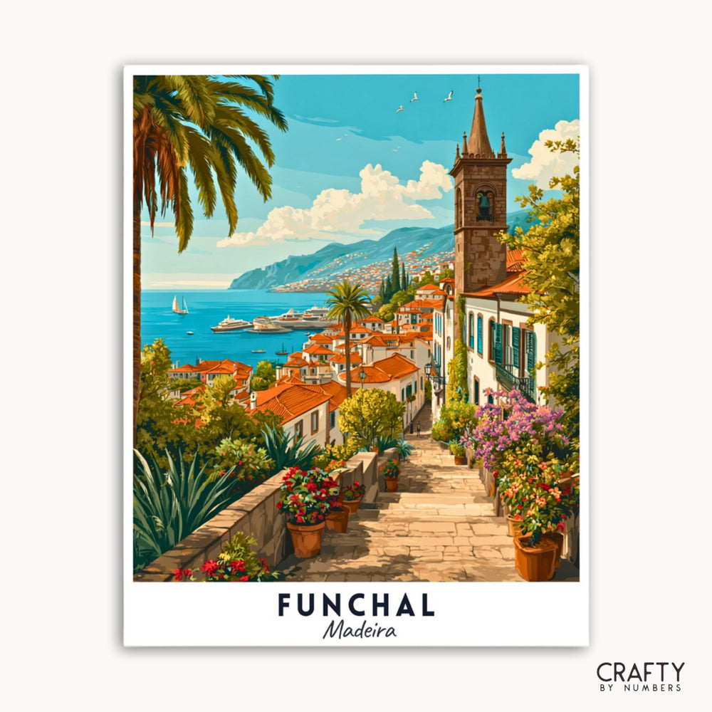 Vintage-style poster of Funchal, Madeira with a scenic view of the city and ocean.