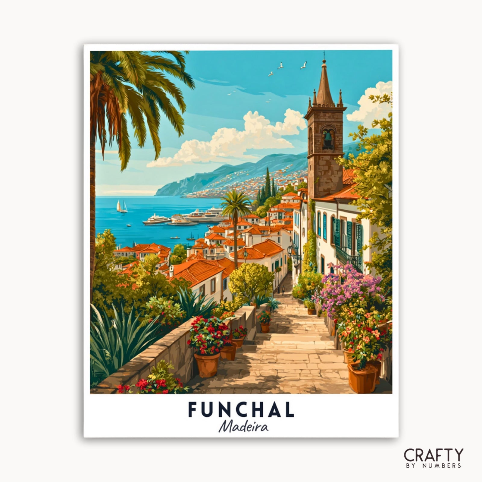 Póster de estilo vintage de Funchal, Madeira, con una vista panorámica de la ciudad y el océano.