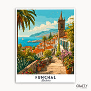 Vintage-style poster of Funchal, Madeira with a scenic view of the city and ocean.