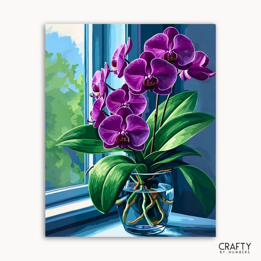 Painting of purple orchids in a clear vase on a windowsill with a view of greenery outside.