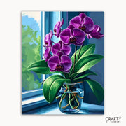 Painting of purple orchids in a clear vase on a windowsill with a view of greenery outside.