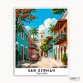 Colorful street scene in San Germán, Puerto Rico with a red car and historic buildings.
