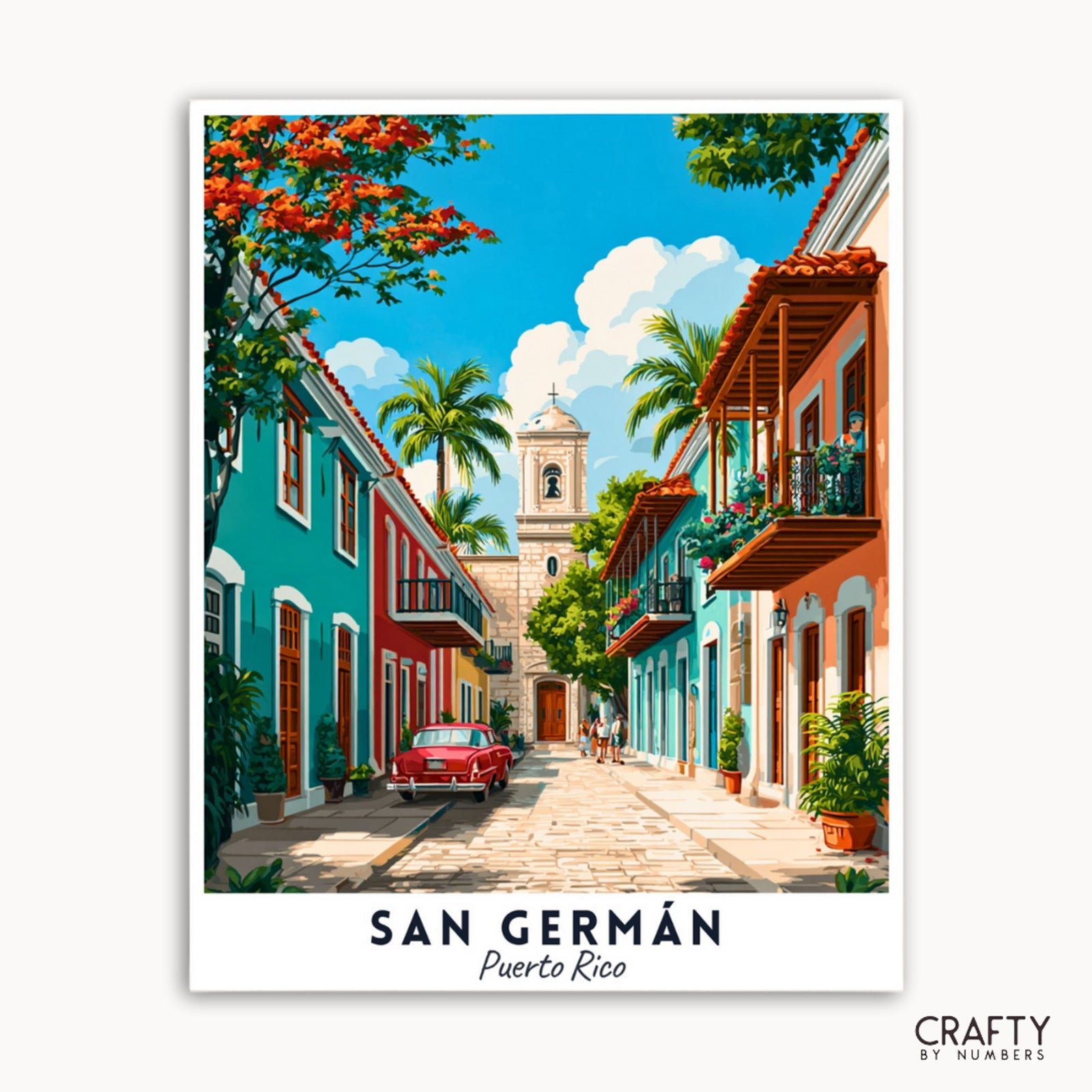 Colorida escena callejera en San Germán, Puerto Rico, con un auto rojo y edificios históricos.