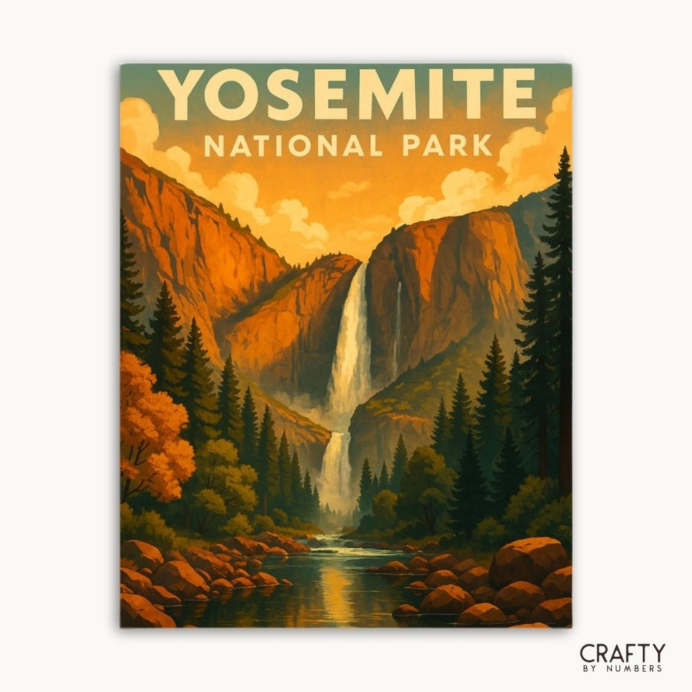 Yosemite National Park paint by numbers kit with majestic waterfalls and beautiful outdoor scenery for relaxing DIY painting.