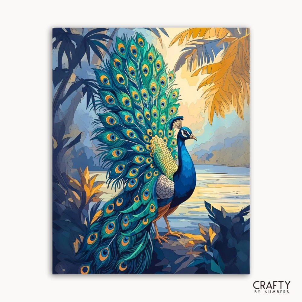 Colorful peacock illustration with a tropical background, featuring the brand 'Crafty by Numbers'.