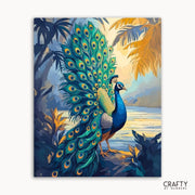 Colorful peacock illustration with a tropical background, featuring the brand 'Crafty by Numbers'.