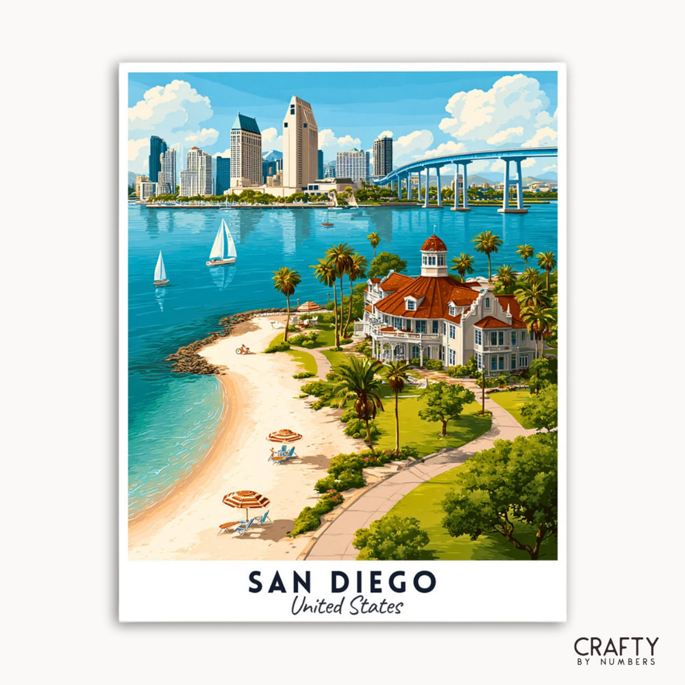 Illustration of San Diego with beach, city skyline, and bridge.