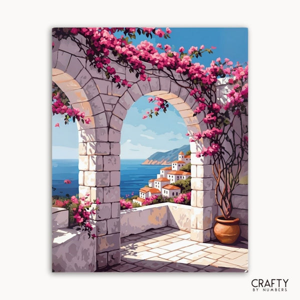 Painting of a stone archway with pink flowers and a coastal scene.