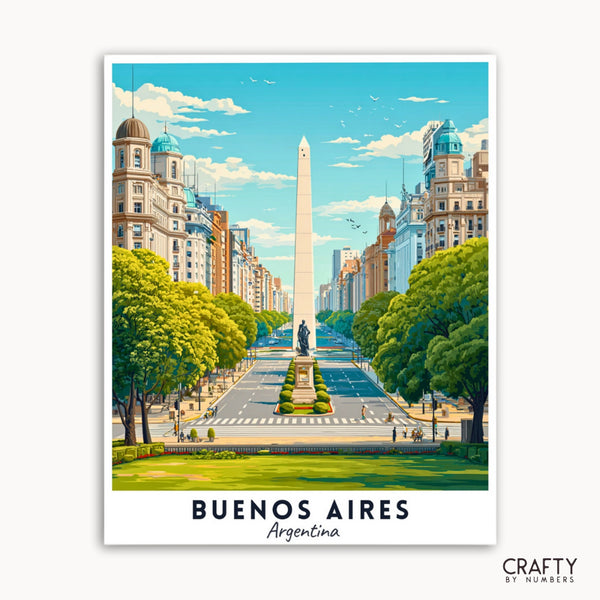 Illustration of a cityscape with a monument in Buenos Aires, Argentina.