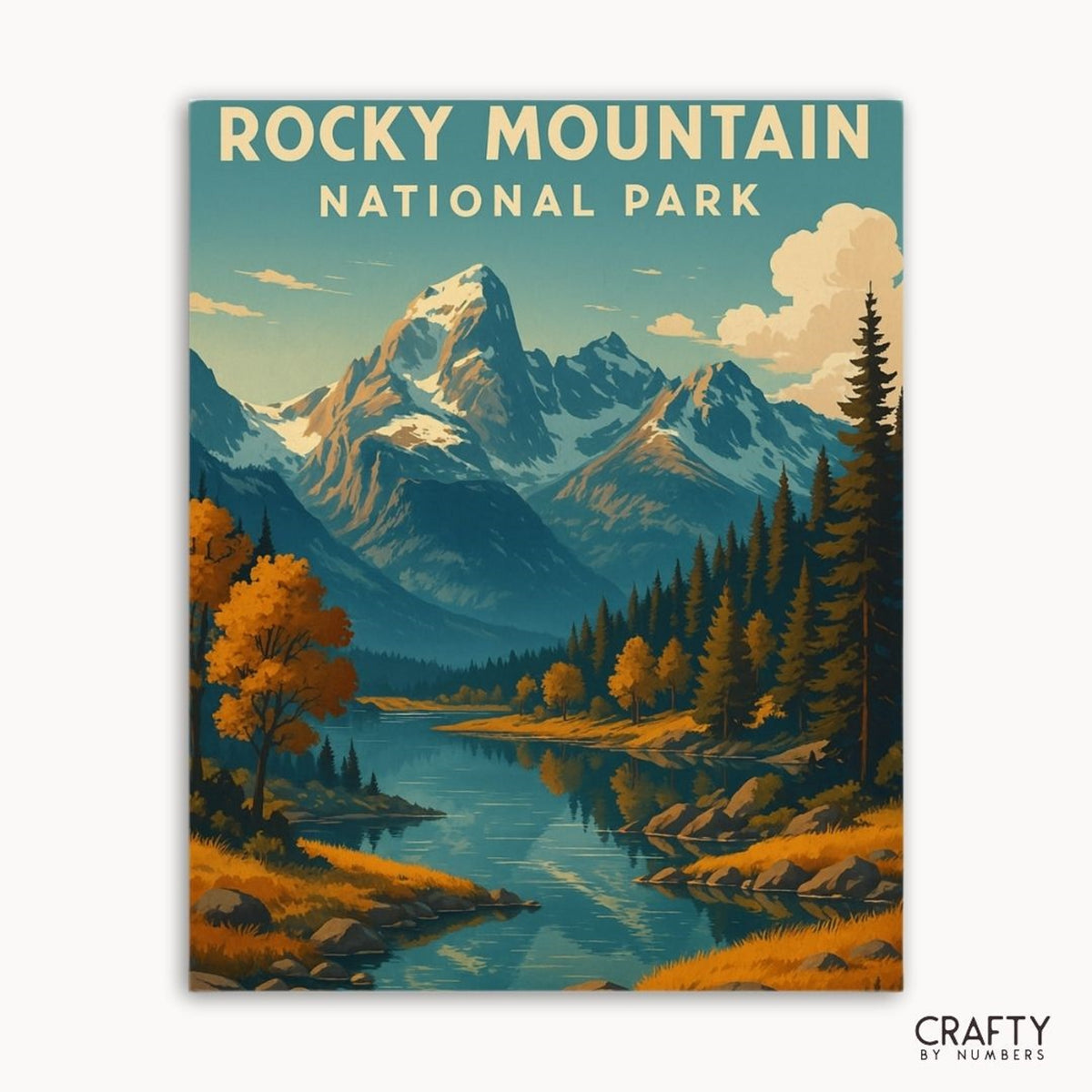 Ensemble de peinture par numéros sur le lac des Montagnes Rocheuses capturant des vues pittoresques du parc national.