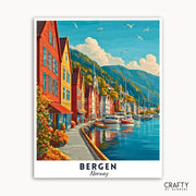 Colorful street scene with boats in a harbor, mountains in the background, and 'Bergen, Norway' text.