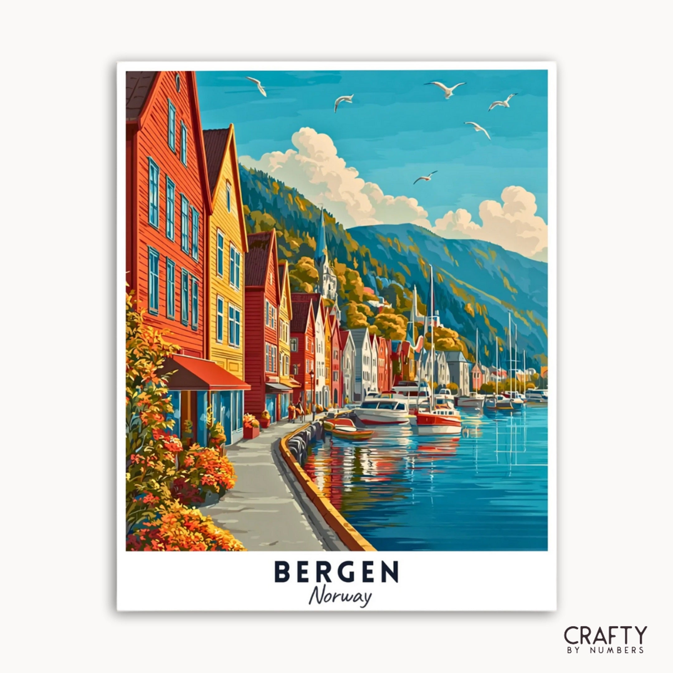 Colorful street scene with boats in a harbor, mountains in the background, and 'Bergen, Norway' text.
