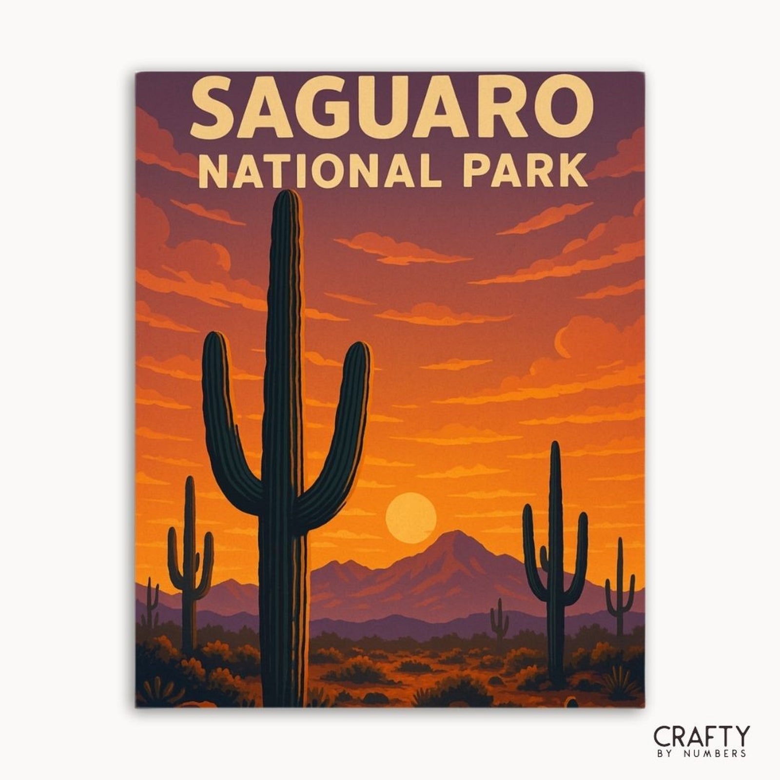 Pintura por números de un paisaje desértico del suroeste con ilustración de cactus Saguaro.